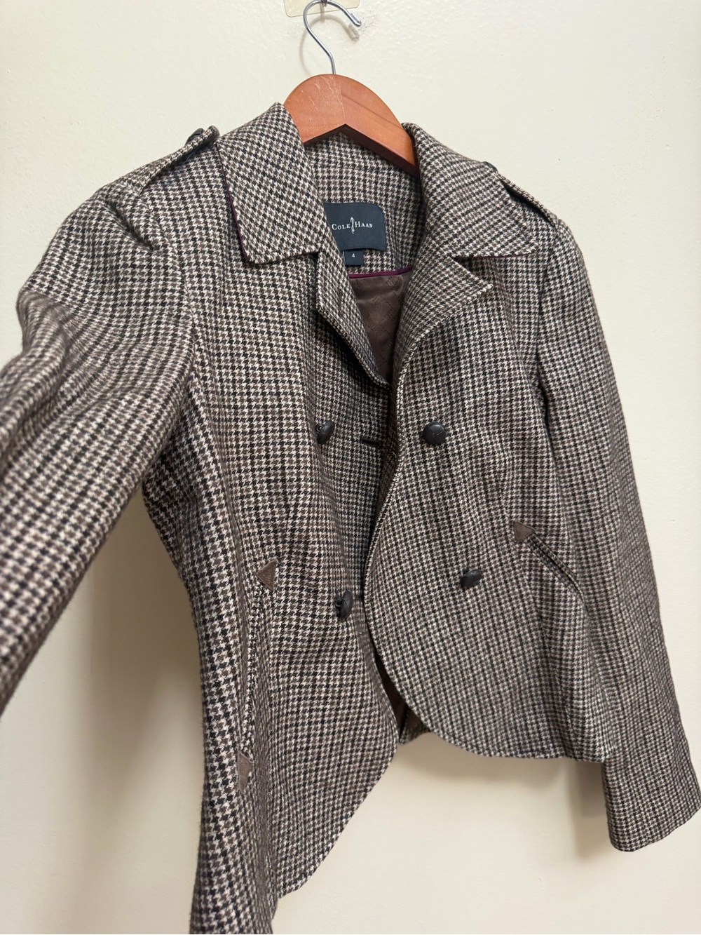 Cole Haan  Houndstooth Peacoat Jacket - Brown & Cream - Picture 2 of 8